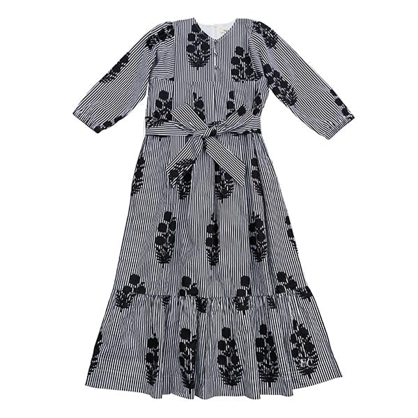 Laurent Black, White Pinstripe w/ Black Floral Design Dress