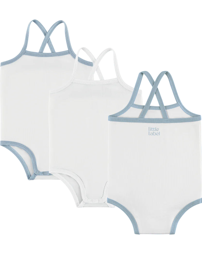 Little Label 3 PK Crossback Blue Trim Baby Onesies