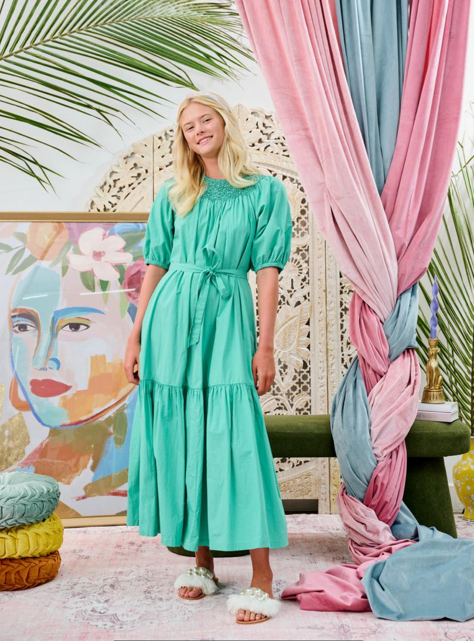 Laurent Jade Green Shirred Neck Tiered Dress