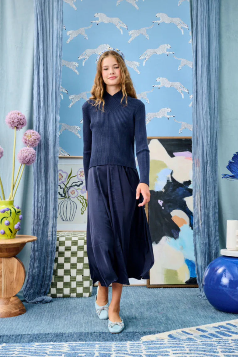 Laurent Navy Slip Skirt w/ Matching Knit Top