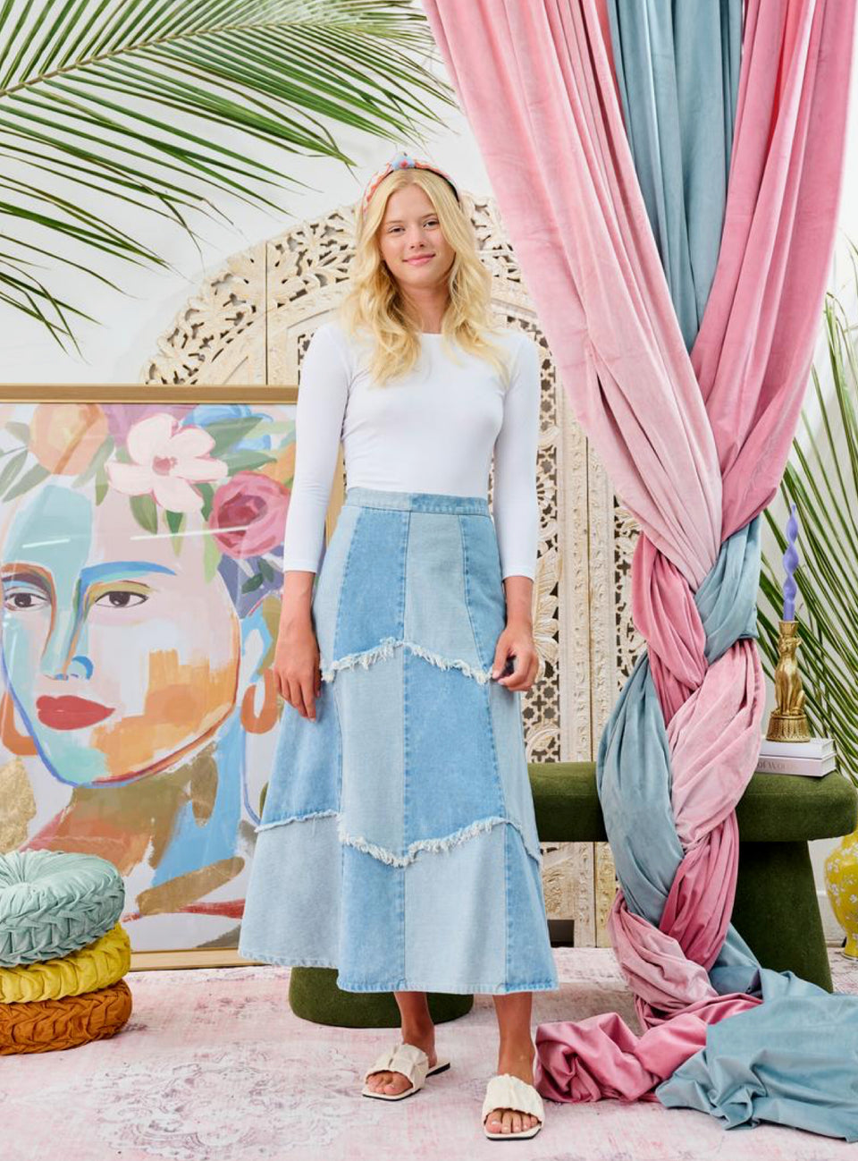 Laurent Two Toned Color Blocked Denim Skirt