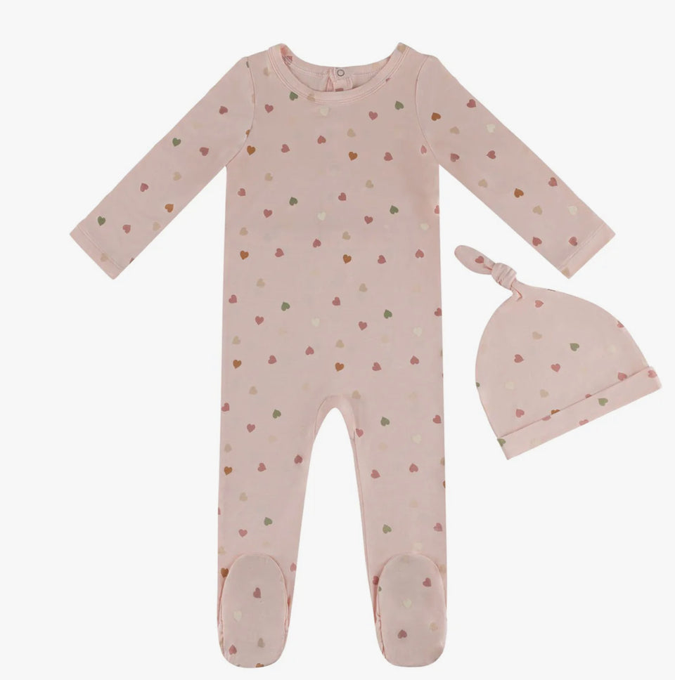 Little Label Light Pink Hearts Printed Footie & Hat