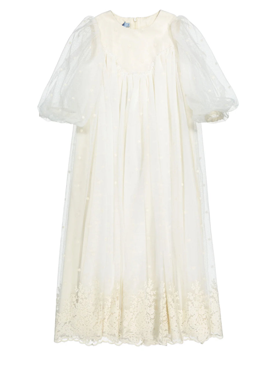 Mimisol Cream Embroidered Tulle Dress - 3/4 sleeves
