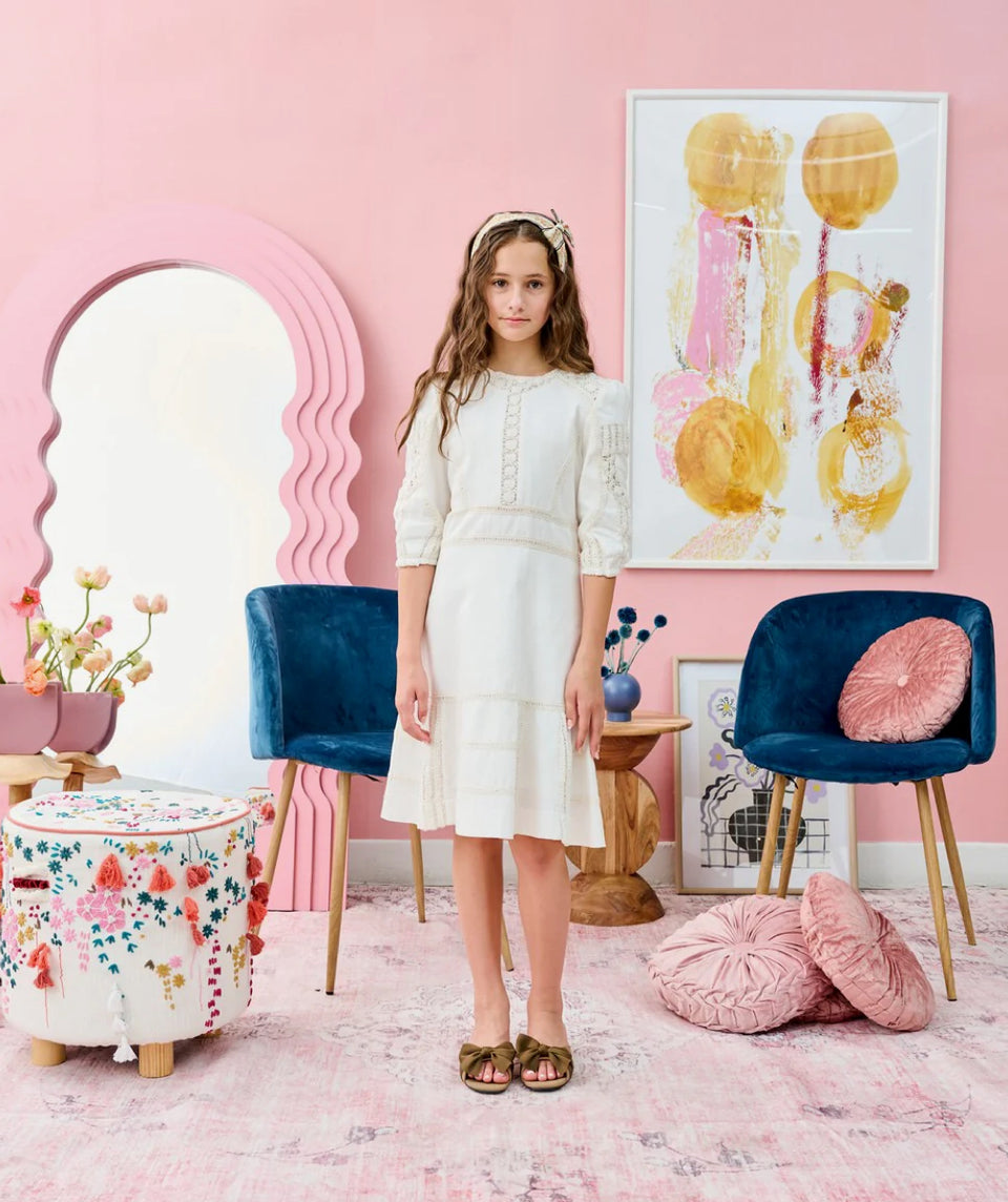 Porter White Denim w/ White Floral Embroidery Dress