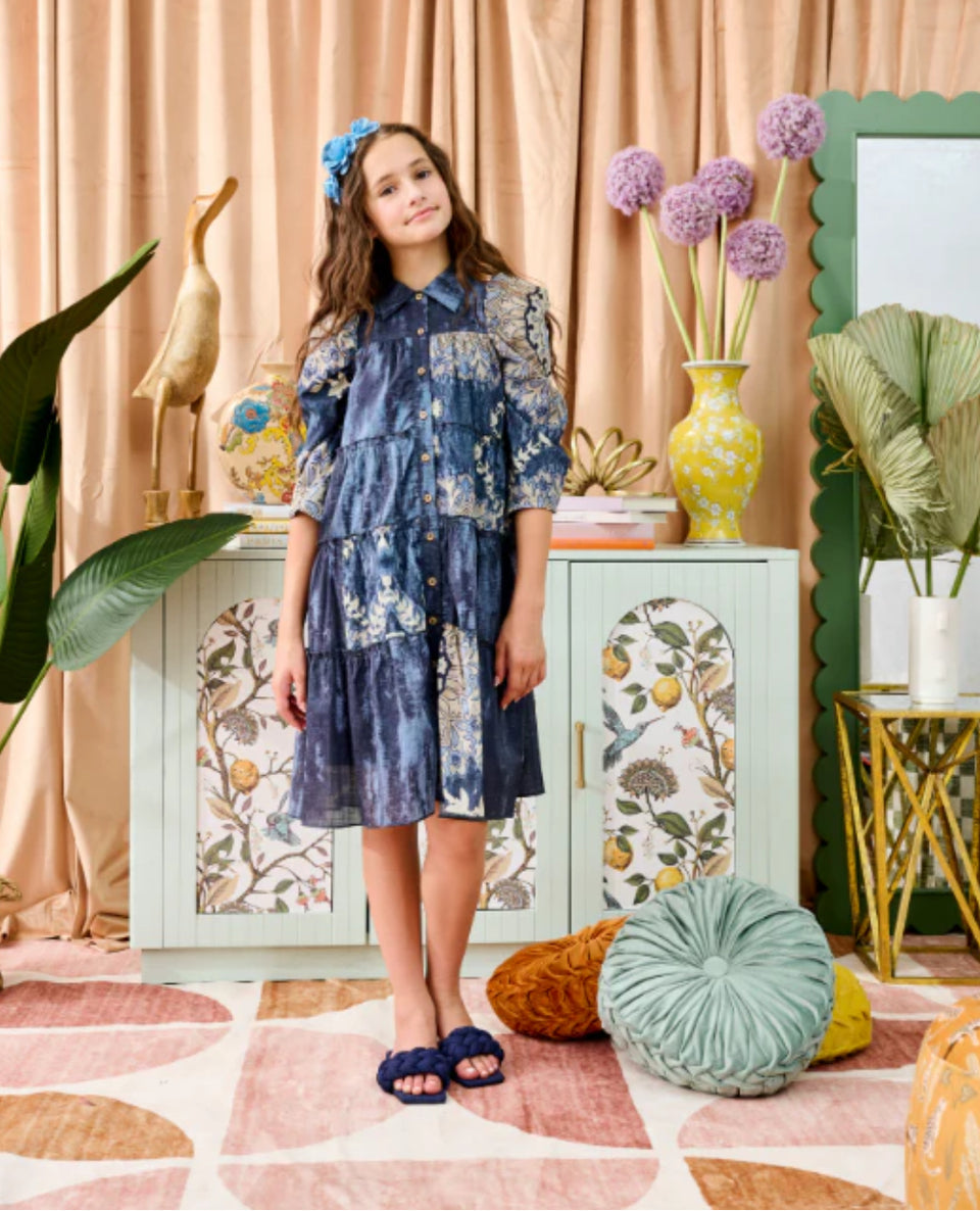 Porter Blue Tiered w/ Beige Print Design Dress