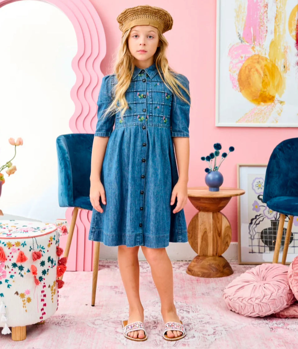 Porter Button Down Denim Dress w/ Embroidered Flowers