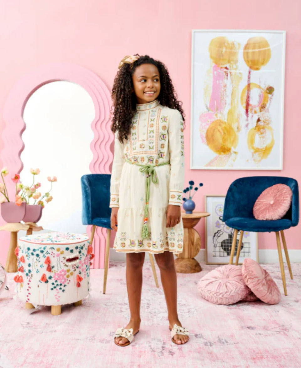 Porter Cream w/ Orange, Yellow, Green Embroidery Dress