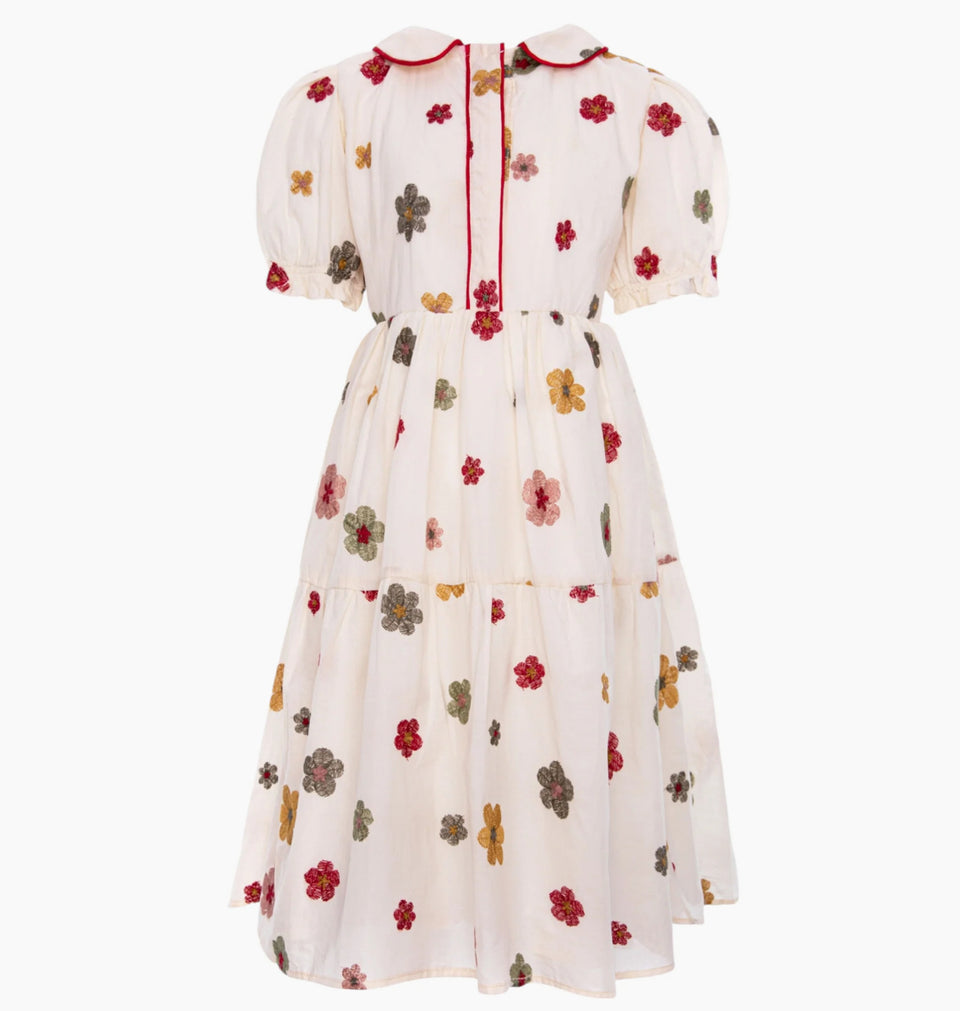 Pernille Multi Flower Embroidery with Buttons Dress- 3/4 sleeves