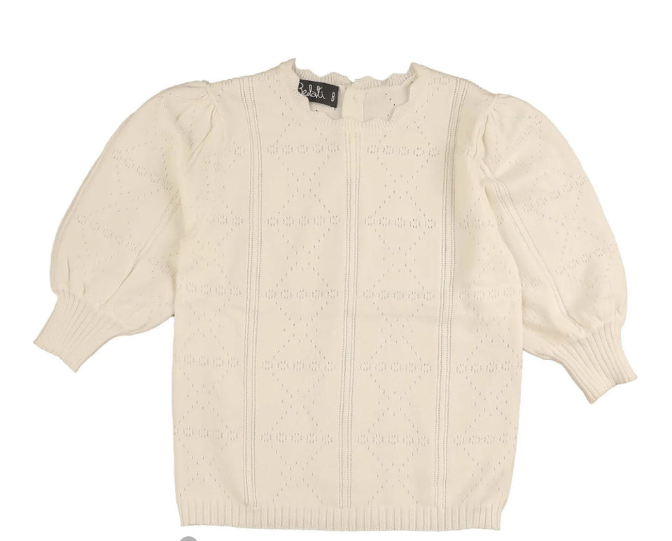 Belati Ivory Knit Pointelle 3/4 Sleeve Sweater Top