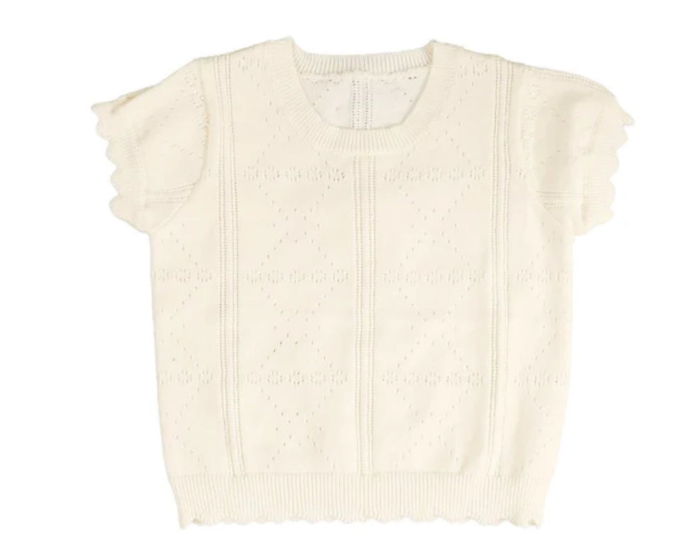 Belati Ivory Knit Pointelle Short Sleeve Sweater Top