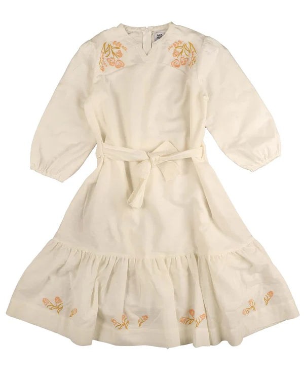 Noma White Linen Dress with Coral Embroidered Flowers