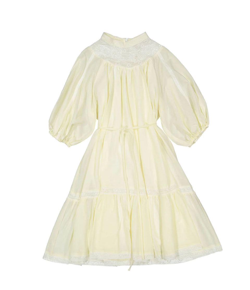 Petite Amalie Cream Lace Yoke Linen Smock Dress