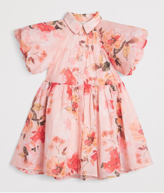 Petite Amalie Peach Peony Print Linen Collar Dress