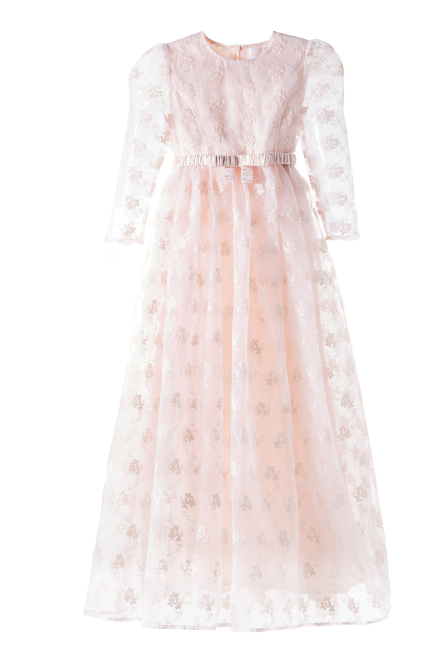 Petite Amalie Soft Peach Vine Embroidered Organza Gown