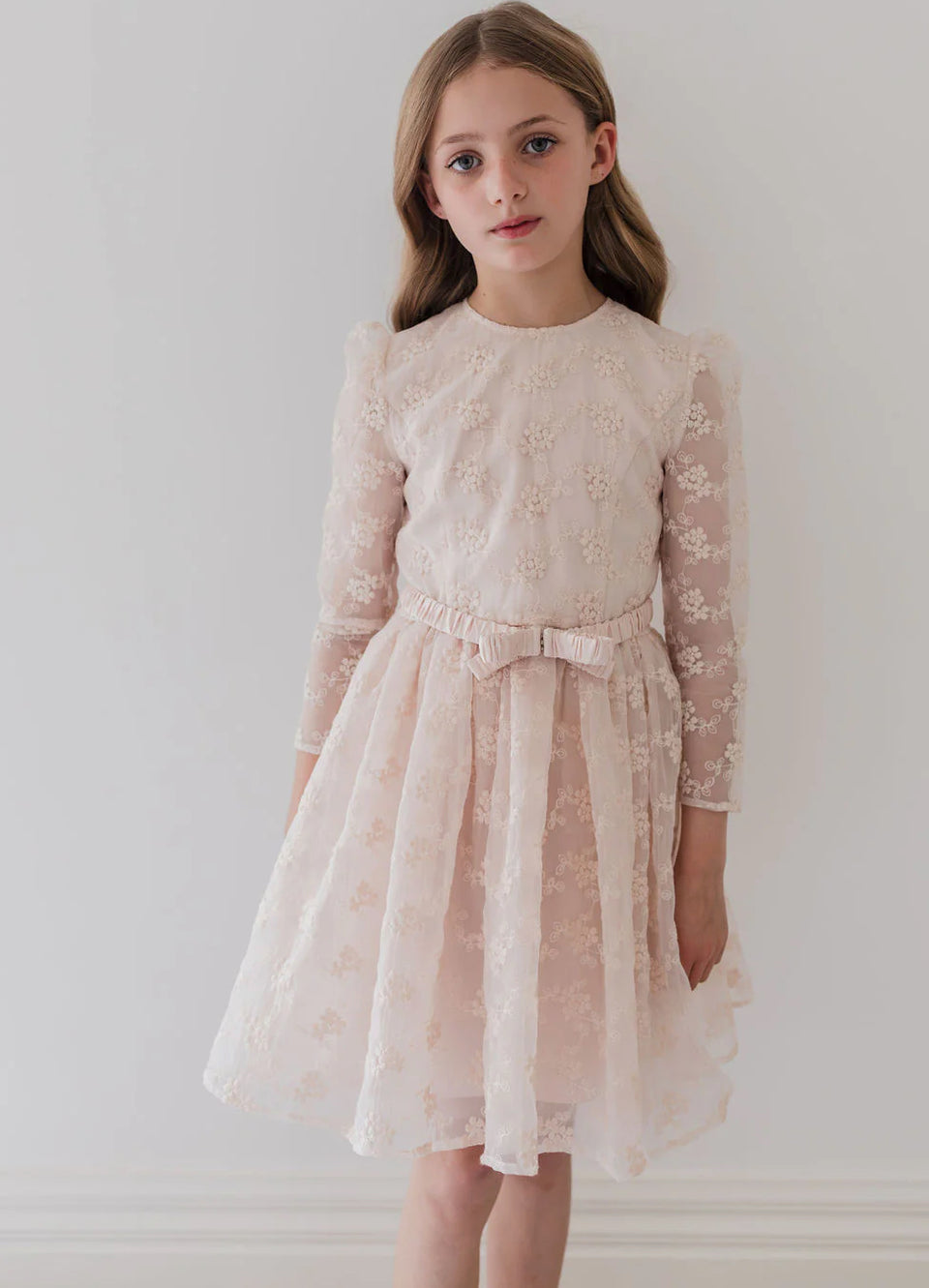 Petite Amalie Soft Peach Vine Embroidered Organza Dress