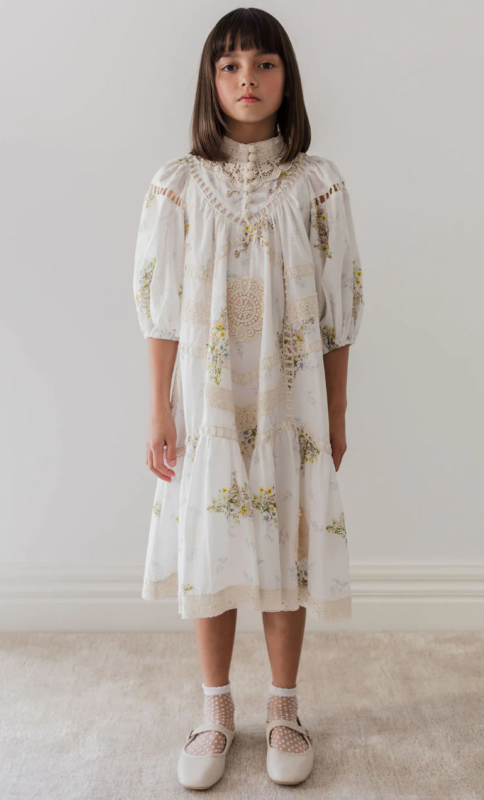 Petite Amalie Spring Meadow Print Doily Appliqué Voile Dress