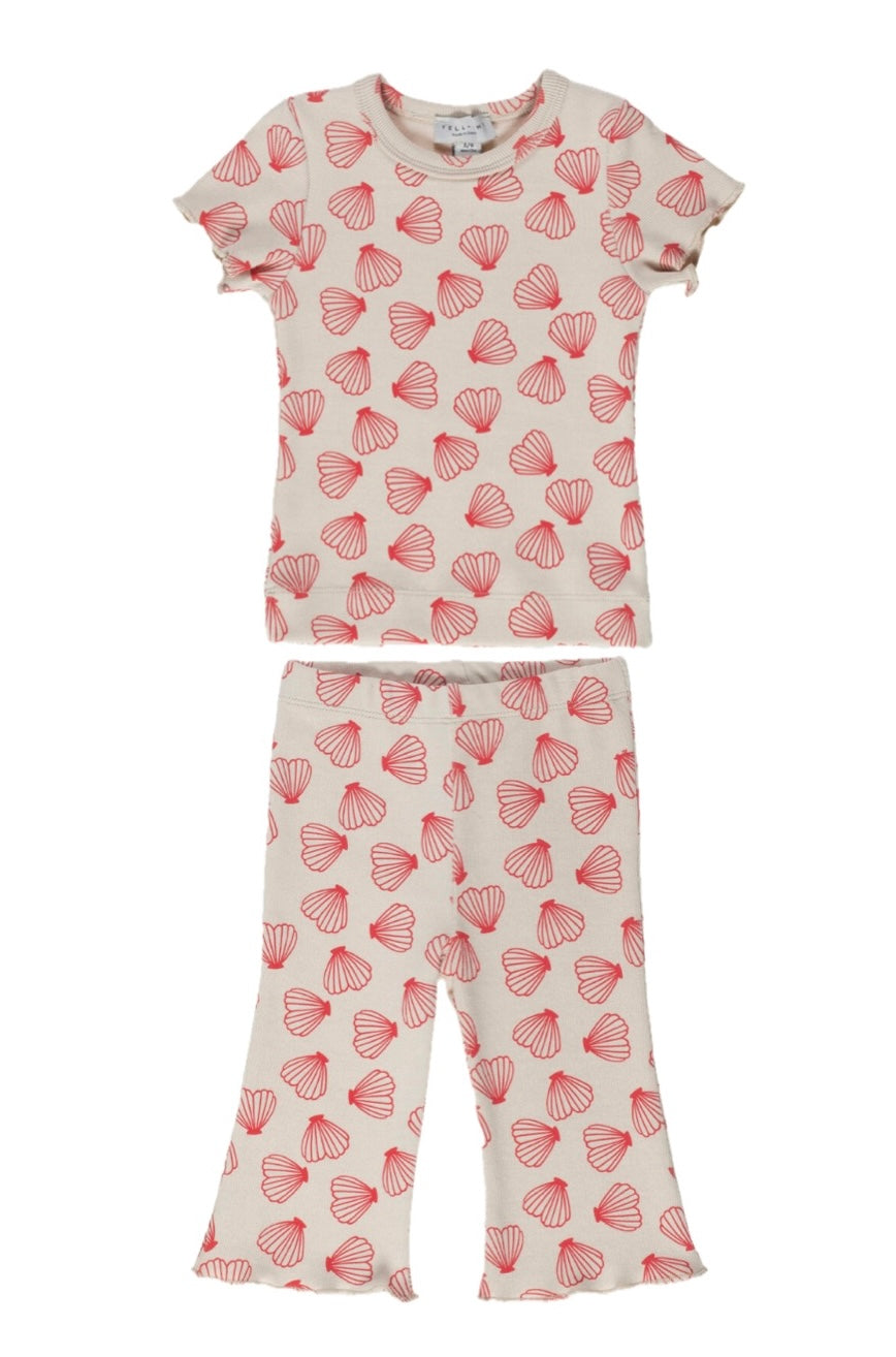 Yell-Oh Ribbed Beige Tee with Red Seashells Leggings Set