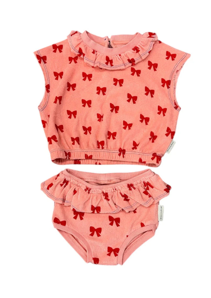 Piupiuchick Pink Collar Blouse with Red Bows Bloomer Set