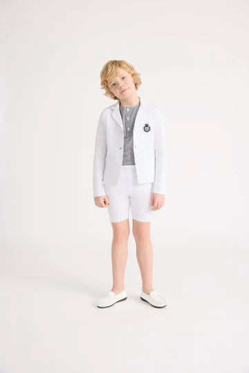 Little Parni White Stretch Blazer with Black Crest