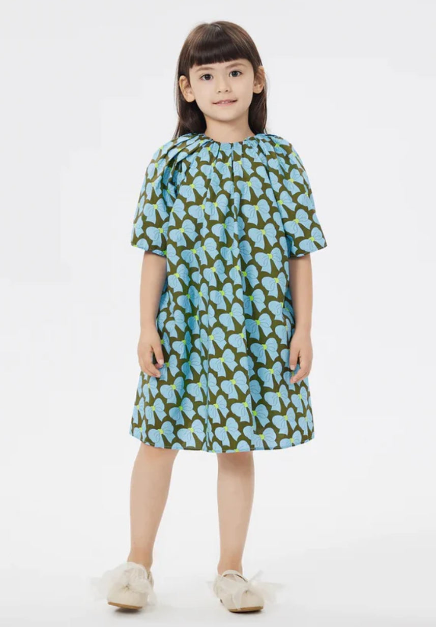 JNBY Blue Bow Dress with 3/4 Sleeves