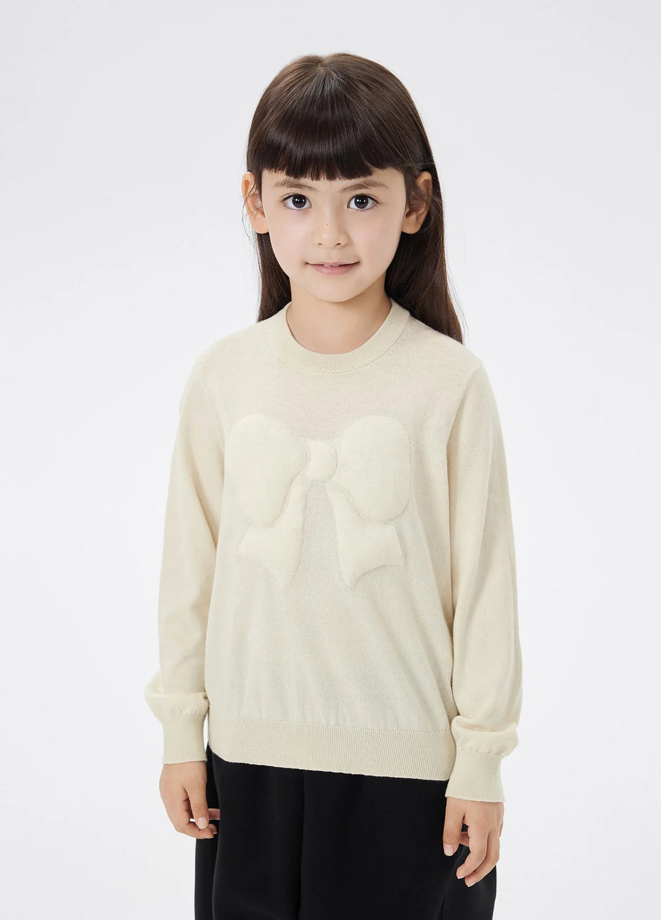 JNBY Cream Long Sleeve Knit Sweater with Puffy Bow