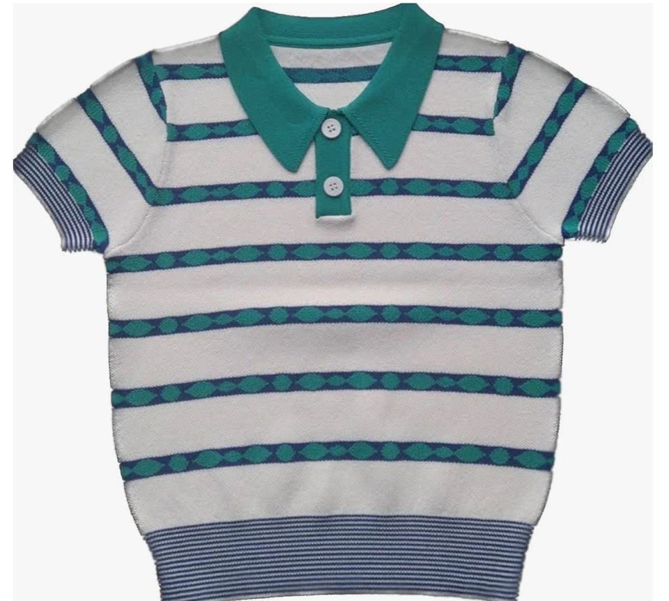 Sweet Threads White Knit Polo with Green & Blue Print