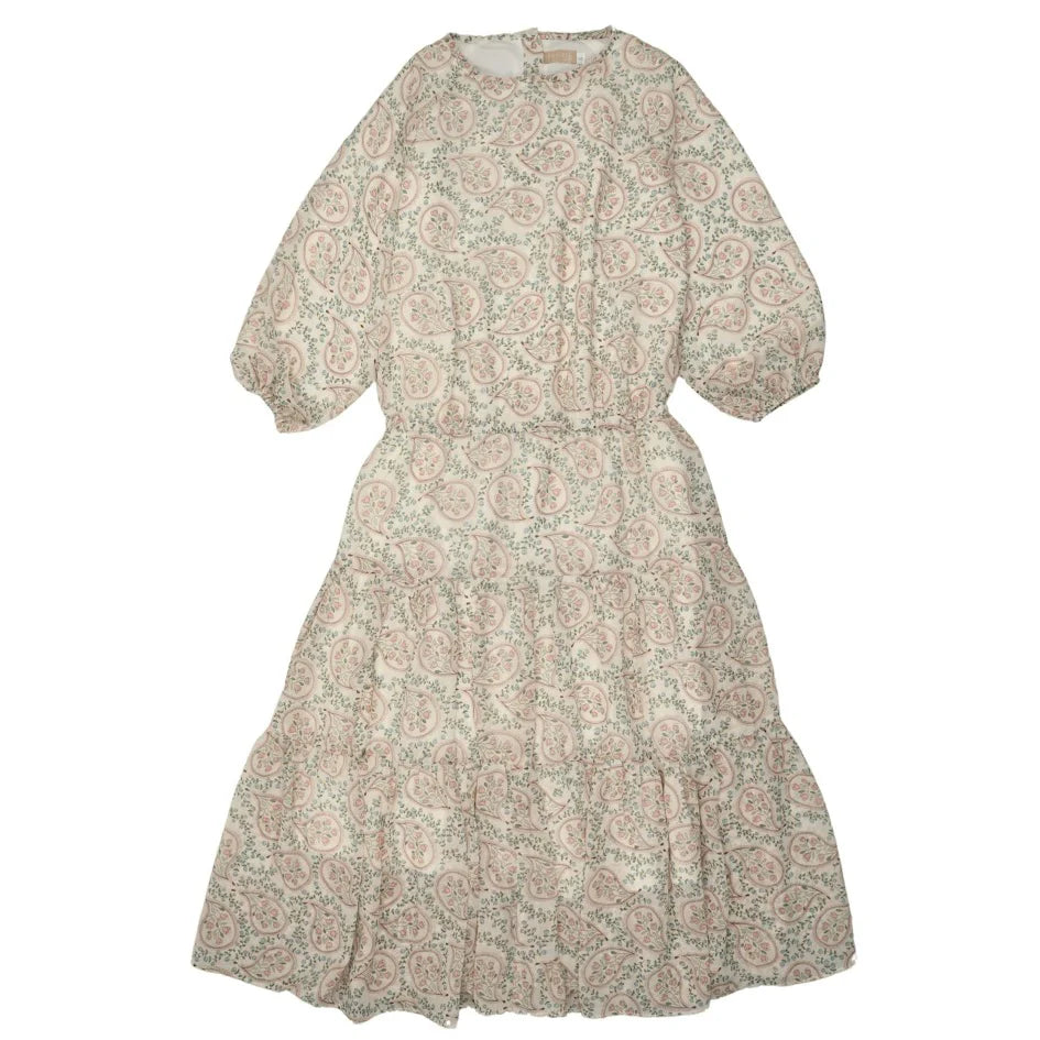 Prairie Cream Waisted Dress with Little Blue and Pink Flowers