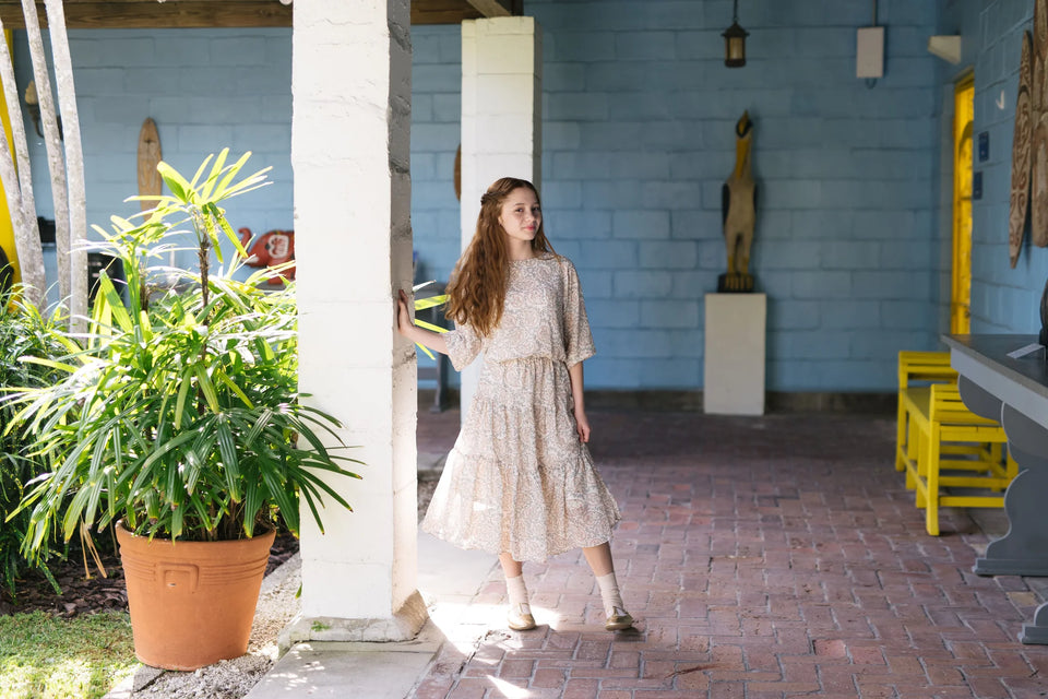 Prairie Cream Waisted Dress with Little Blue and Pink Flowers