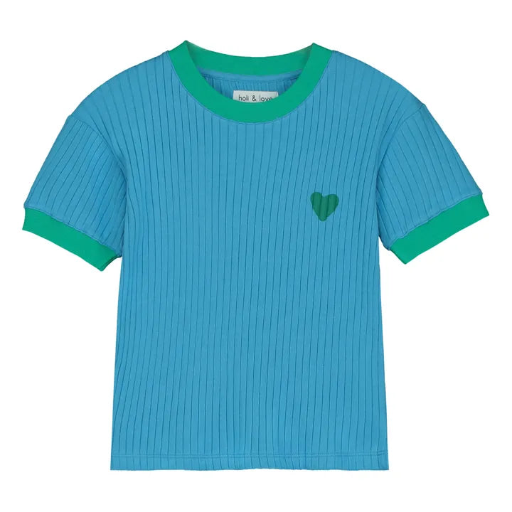 Holi & Love Blue Tee with Green Heart