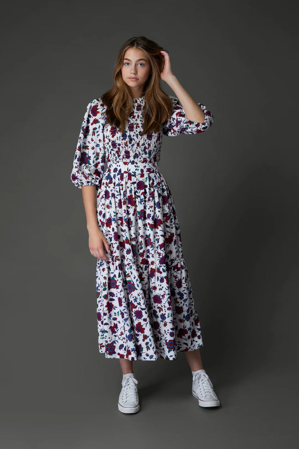 Zaikamoya Smocked Floral White Skirt