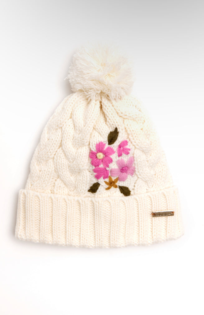 Nicole Miller Cream Hat with Embroidered Flowers