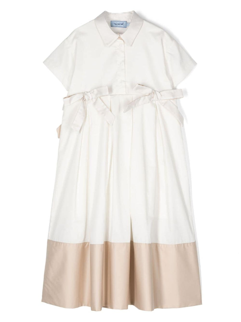 Mimisol White/Tan Maxi Dress with Bows- Short Sleeves