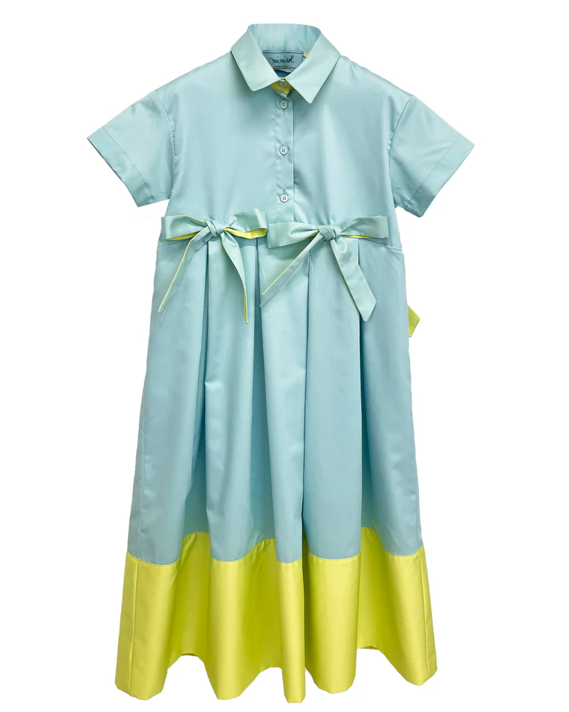 Mimisol Blue/Green Maxi Dress with Bows- Short Sleeves