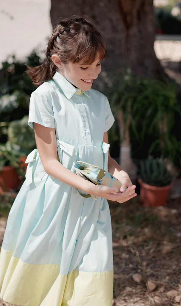 Mimisol Blue/Green Maxi Dress with Bows- Short Sleeves