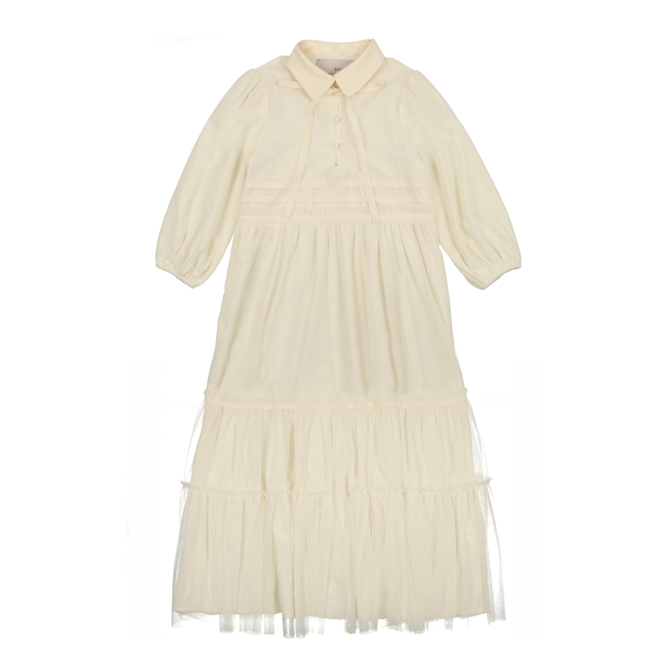 Soiree Cream Tulle Button Down Gown- 3/4 Sleeves