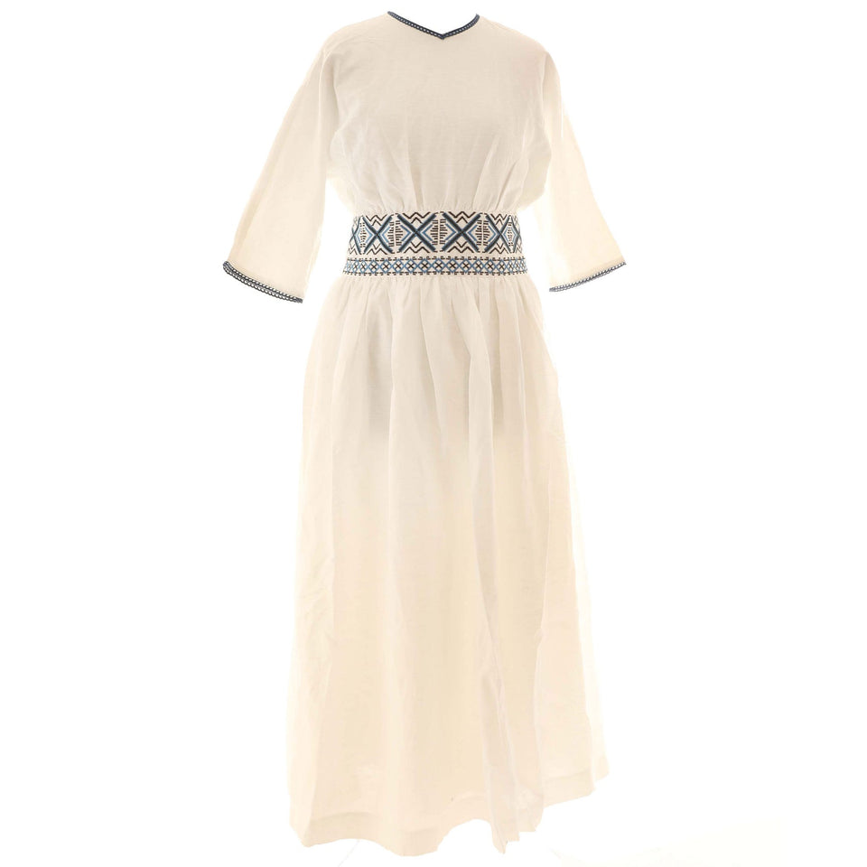 Hev White Embroidered Waist Belt Dress