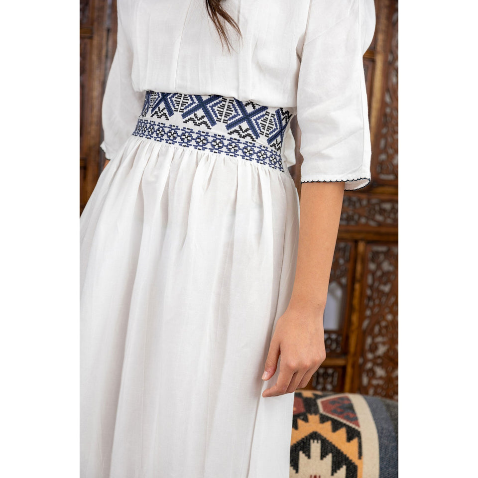 Hev White Embroidered Waist Belt Dress