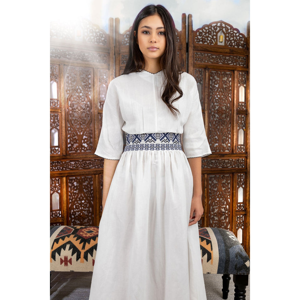 Hev White Embroidered Waist Belt Dress