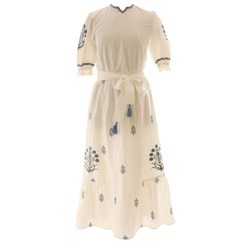 Hev White Embroidered Blue Flower Dress