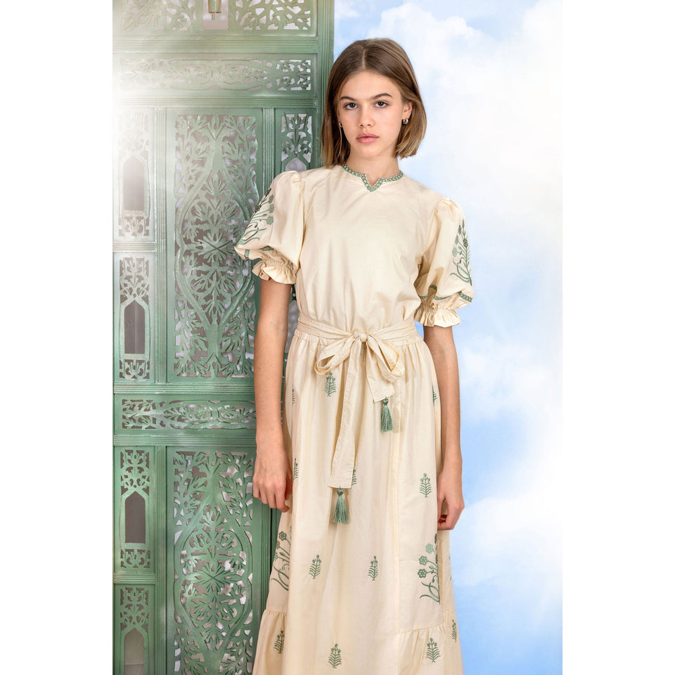 Hev Cream Embroidered Blue Flower Dress