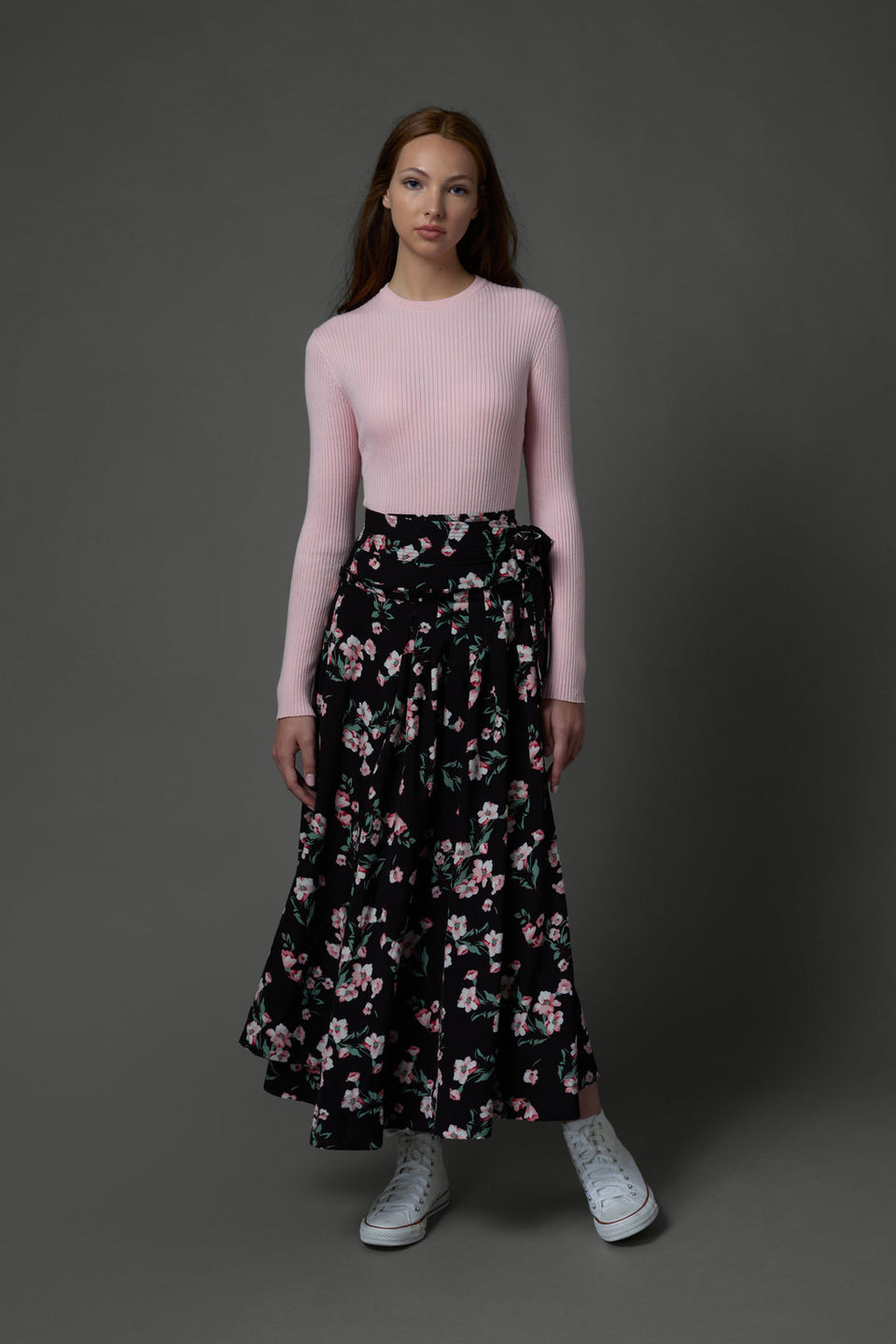 Zaikamoya Pink Floral Pleated Wrap Black Skirt