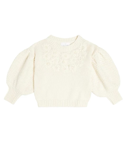 Cera Una Volta Off White Embroidered Floral Knit Sweater