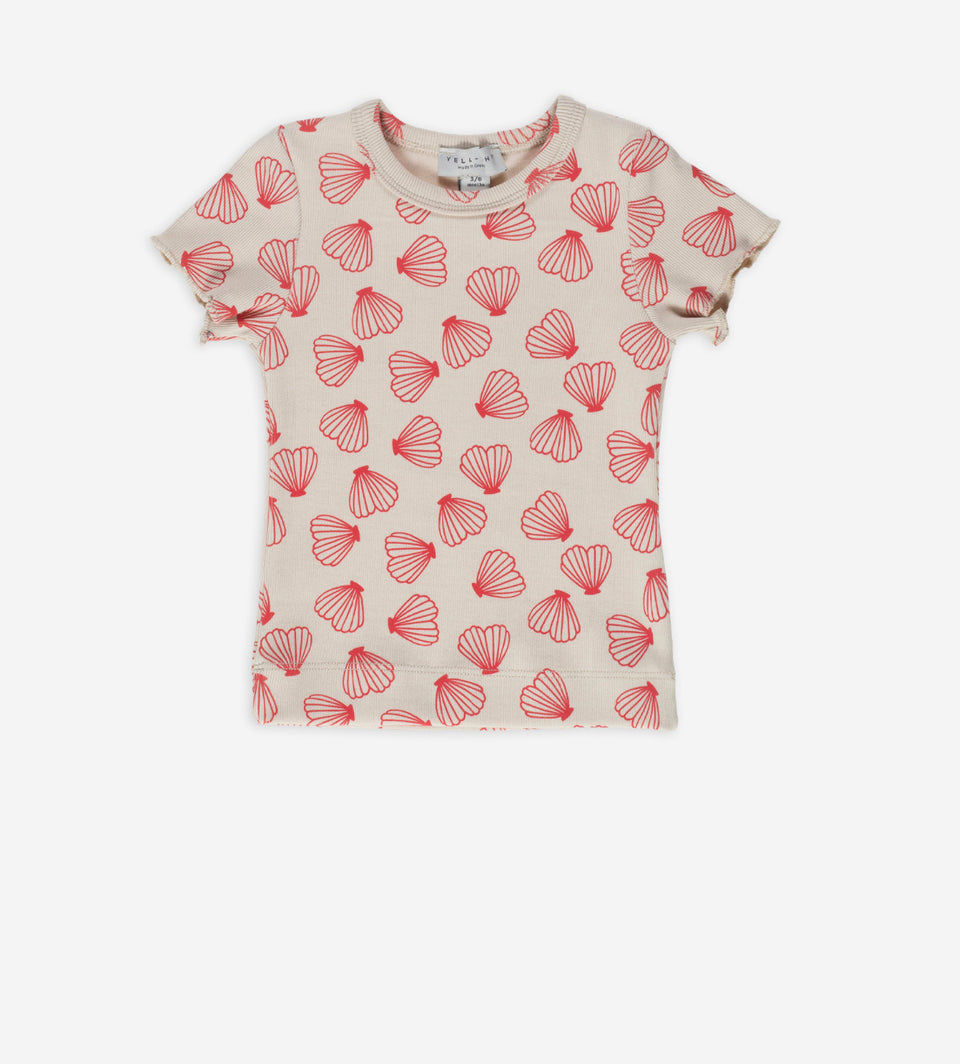 Yell-Oh Ribbed Beige Tee with Red Seashells