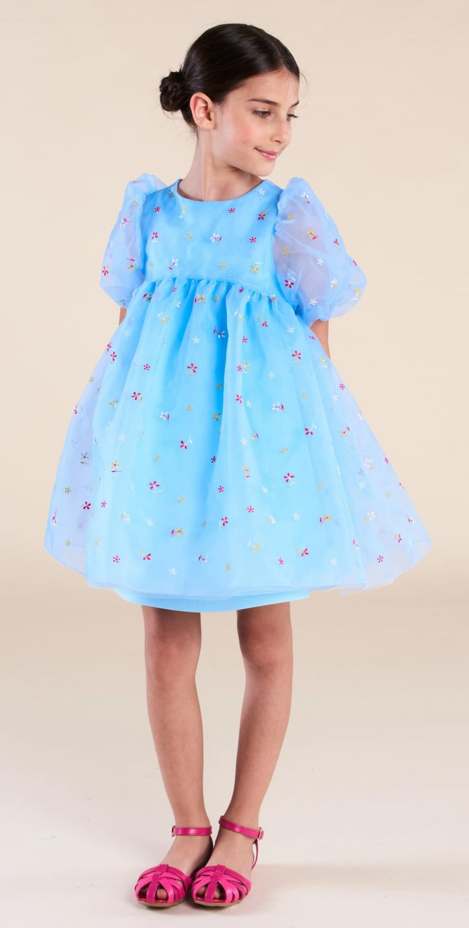 Mimisol Blue Organza Dress with Flowers- 3/4 Sleeves