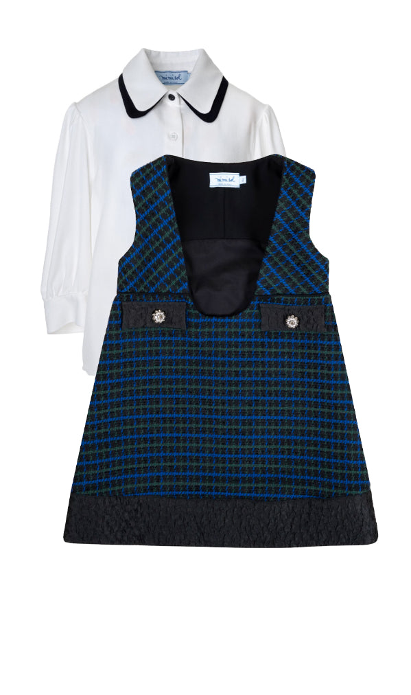 Mimisol White/Black Twill Shirt w/ Tweed Pinafore Set