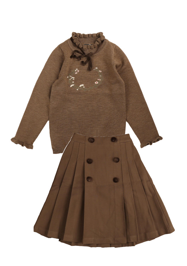 Belati Mocha Scuba Pleated Skirt w/ Knit Embroidered Top
