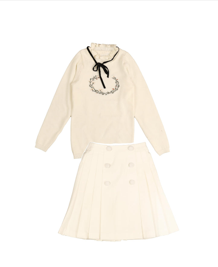 Belati Ivory Scuba Pleated Skirt w/ Embroidered Top