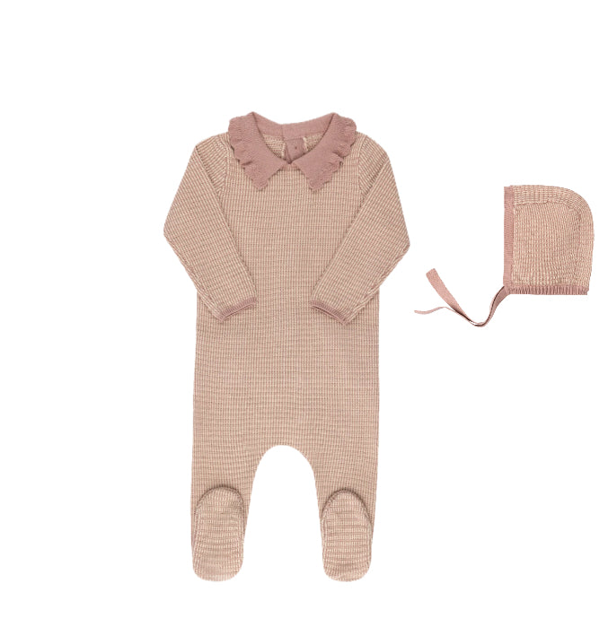 Looms Thin Stripe Pink/Ivory Footie+Bonnet