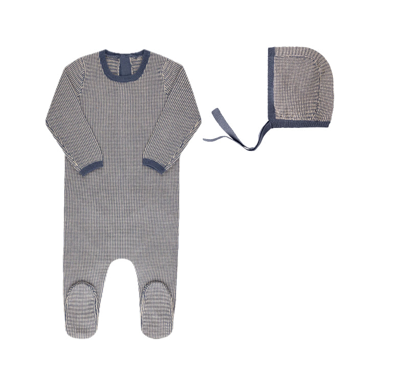 Looms Thin Stripe Blue/Ivory Footie+Bonnet