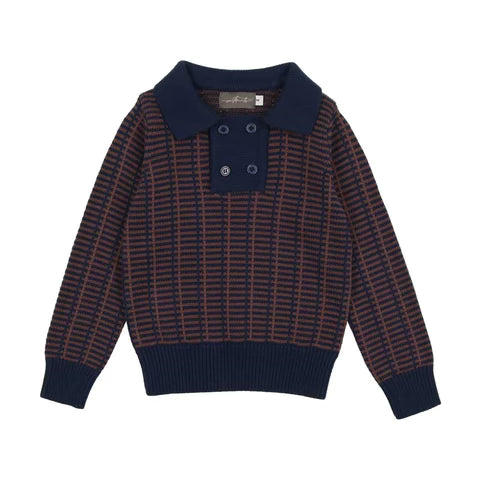 Sweet Threads Blue/Brown Striped Knit Polo